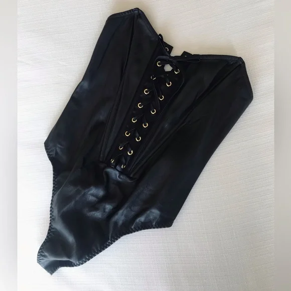 Victoria’s Secret Black Love Letters Faux Leather Teddy Bodysuit, NWT, Lace Up - Picture 5 of 16